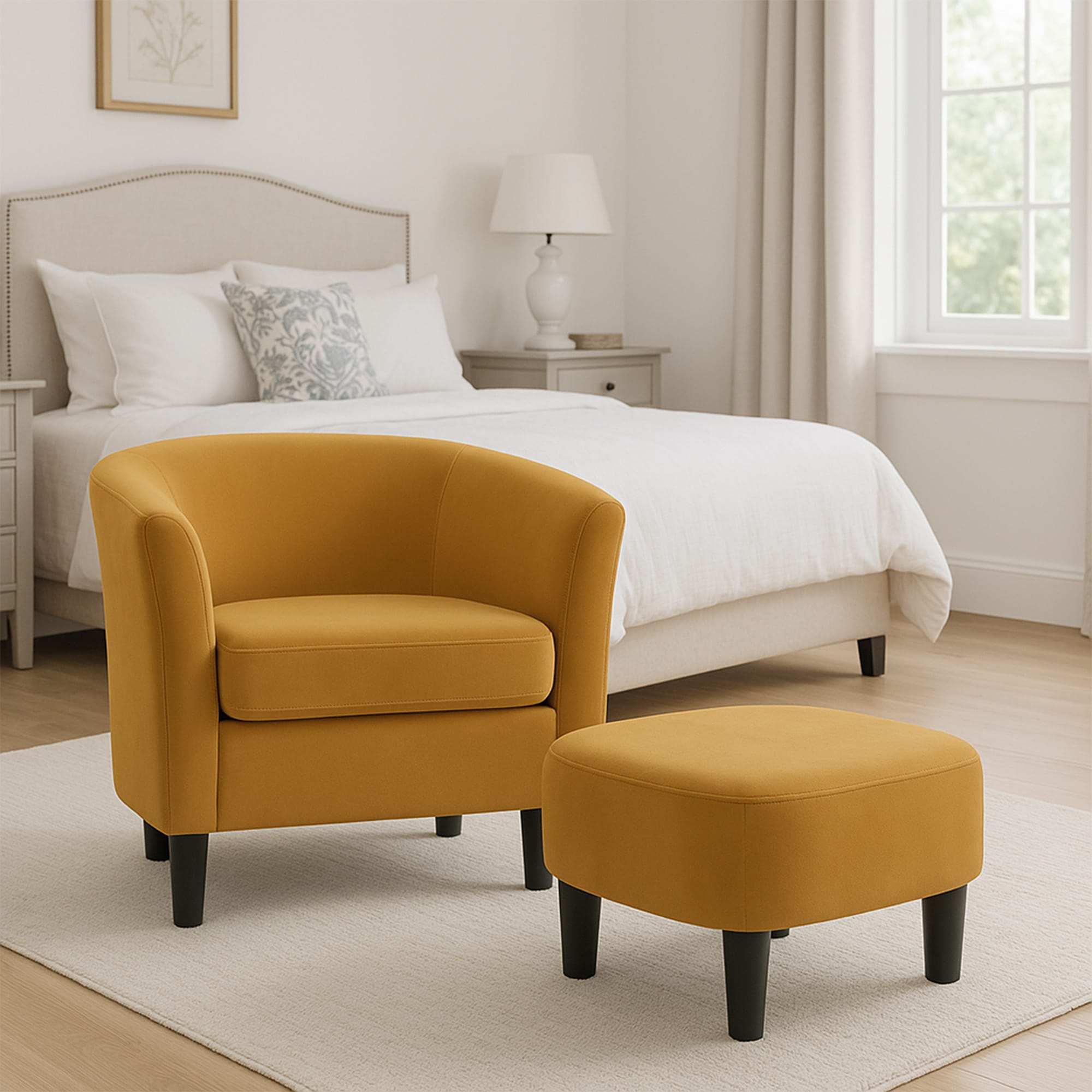 Velvet Accent Chair With Ottoman, Modern Barrel Chair Armchair For Living Room, Bedroom, Yellow_maomaolike.com